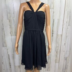 David's Bridal Black Y-Neck Ruched Bodice Crinkle Chiffon Short Dress